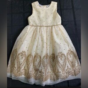 Elegant Cream & Gold Embroidered Party Dress for Girls